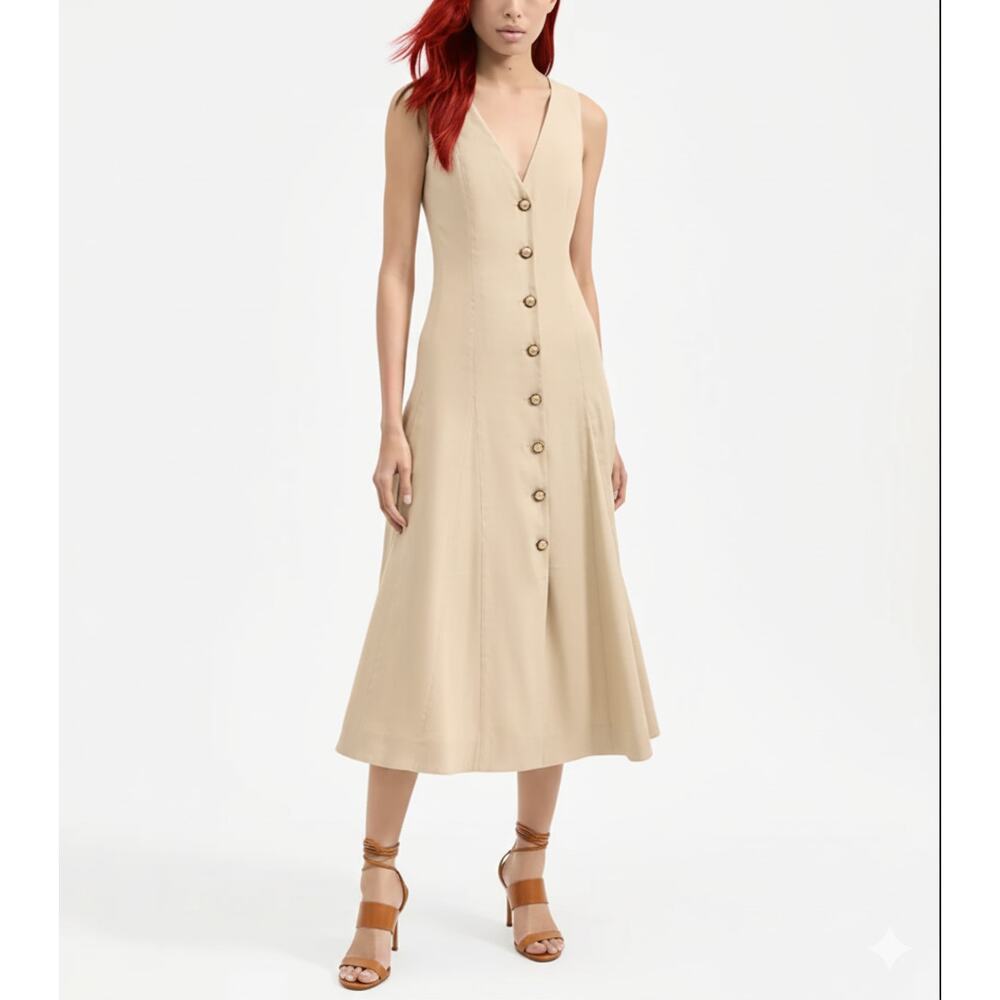 NWT Veronica Beard Lou Linen Blend Pleated Midi Dress Stone Khaki Size 00